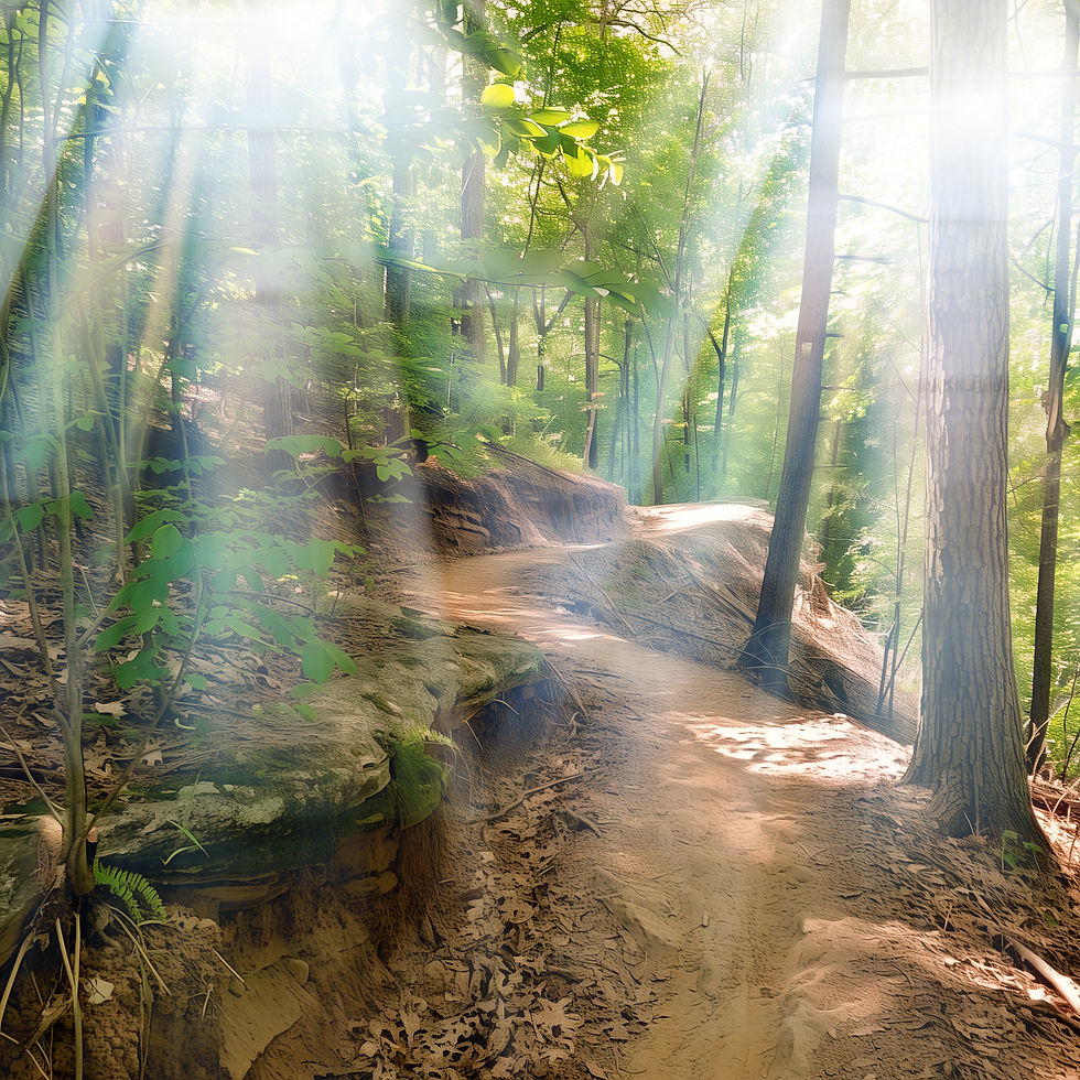 Sunlit forest trail winding past mossy rocks and tall trees, with bright green leaves and soft beams of light