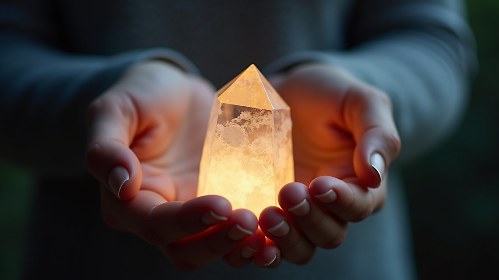 Close-up view of a hand holding a crystal with a glowing aura