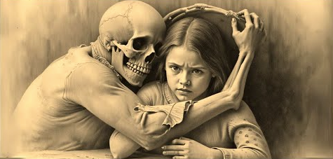 A skeleton hugs a worried girl sitting at a table. The sepia tone adds a haunting mood to the image.