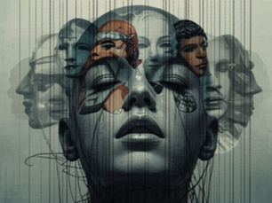 Surreal collage of faces overlapping a central face with closed eyes, set against a gray background. Dark lines run vertically, evoking depth.