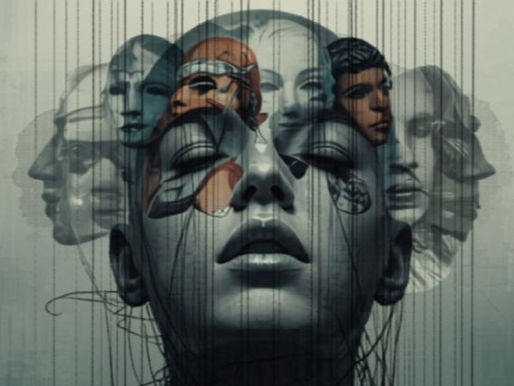 Surreal collage of faces overlapping a central face with closed eyes, set against a gray background. Dark lines run vertically, evoking depth.
