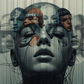 Surreal collage of faces overlapping a central face with closed eyes, set against a gray background. Dark lines run vertically, evoking depth.