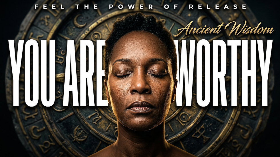 Woman with closed eyes before ancient clock backdrop; text reads FEEL THE POWER OF RELEASE, Ancient Wisdom, YOU ARE WORTHY