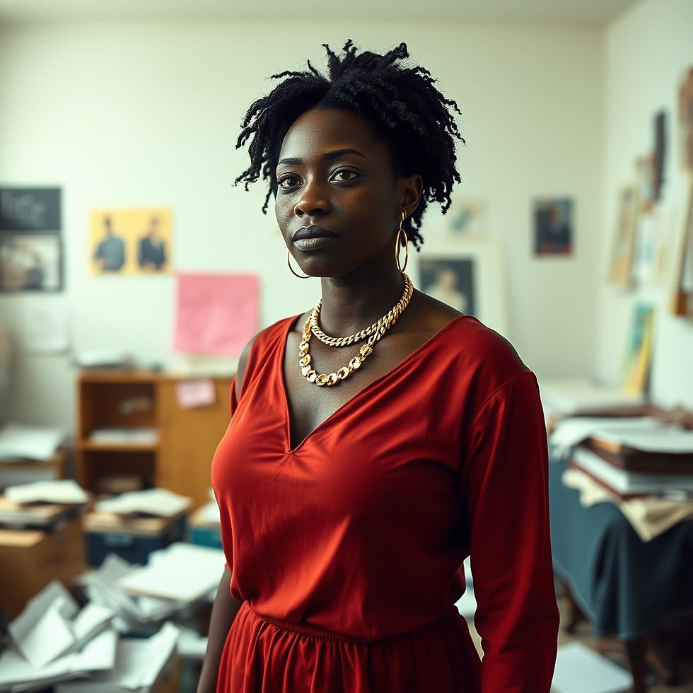 Woman in a red dress stands confidently in a cluttered office with papers and photos on the walls, wearing gold jewelry.