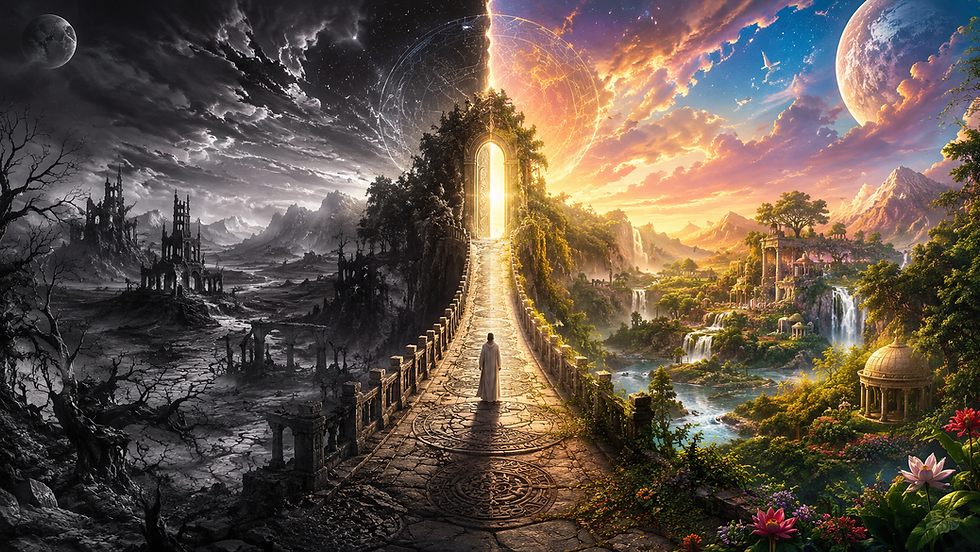 A person walks toward a glowing archway separating a dark, desolate landscape on the left and a vibrant, lush paradise on the right.