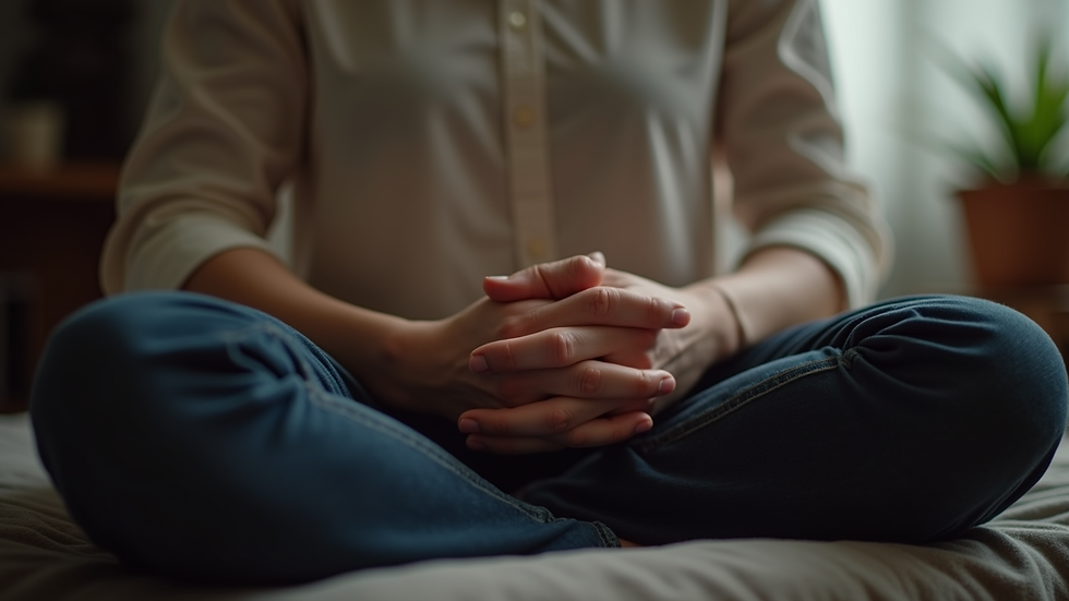 Close-up view of a person’s hands resting calmly on their lap during hypnosis