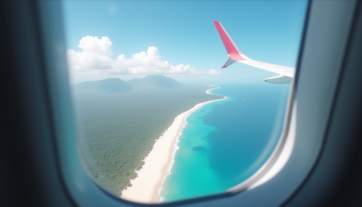 Close-up view of a serene beach seen from an airplane window