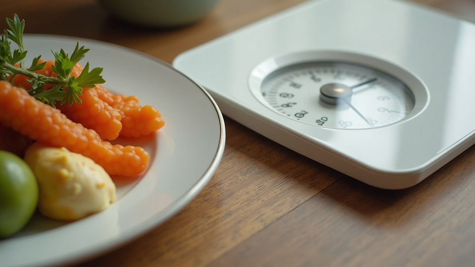 Close-up view of a weight scale with a healthy meal beside it