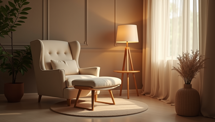 Eye-level view of a calm therapy room with a comfortable chair and soft lighting