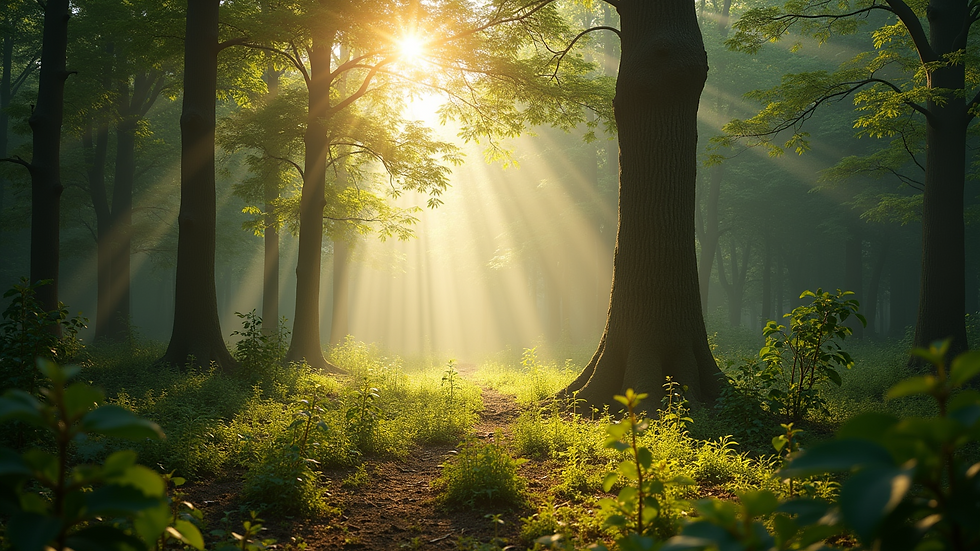 Close-up view of a calming nature scene with soft sunlight filtering through trees