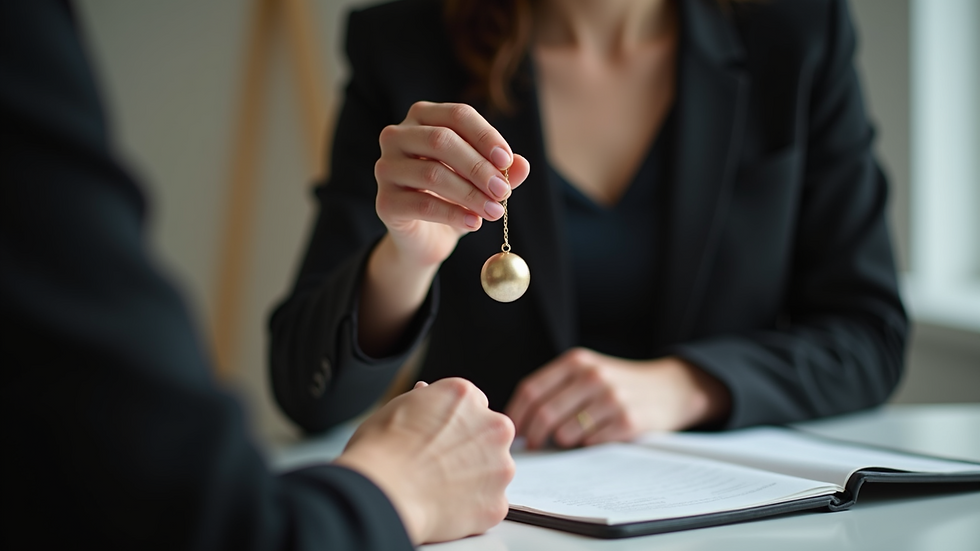 Close-up view of a calm hypnotherapist’s hand holding a pendulum during a session