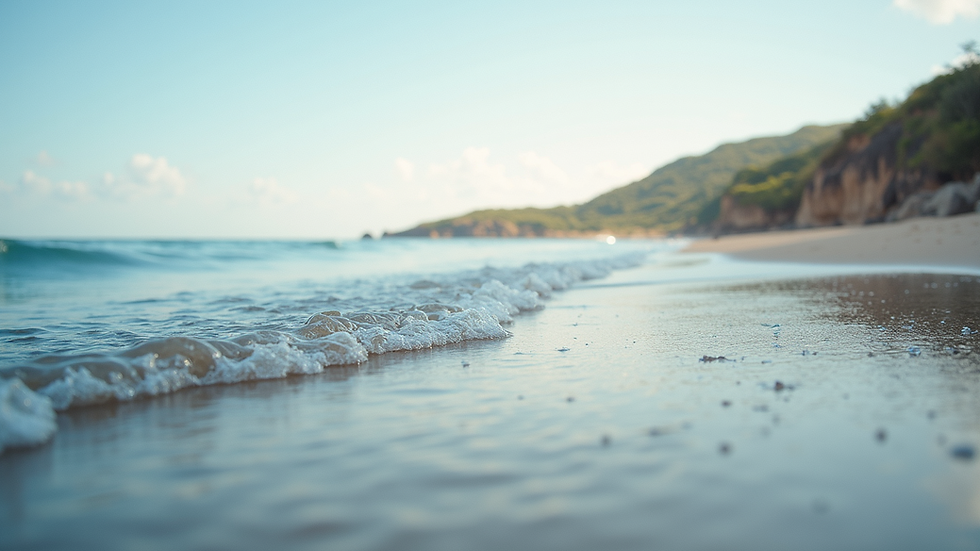 Eye-level view of a tranquil landscape with soft waves lapping at the shore