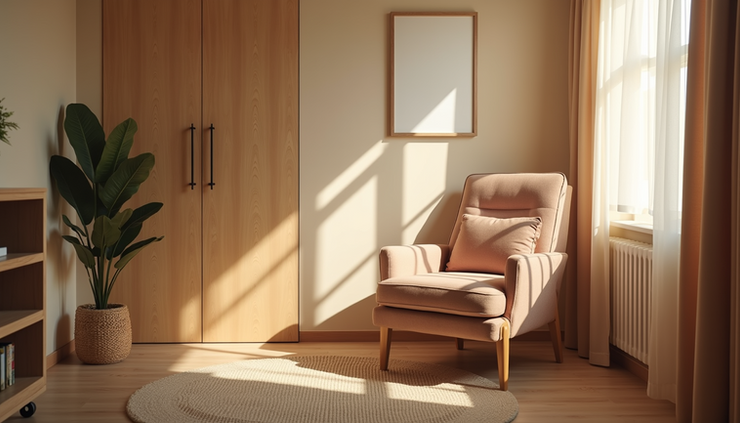 Eye-level view of a therapist’s office with a comfortable chair and soft lighting