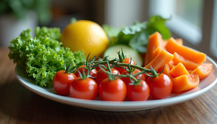 Close-up view of a plate with carefully arranged fresh vegetables and fruits