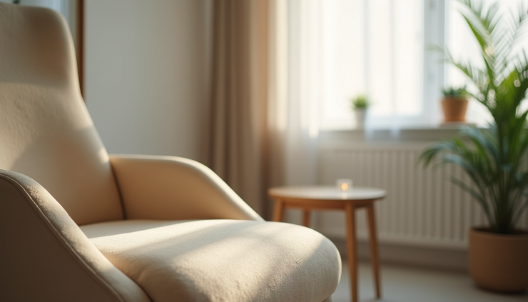 Close-up view of a calm therapy room with a comfortable chair and soft lighting