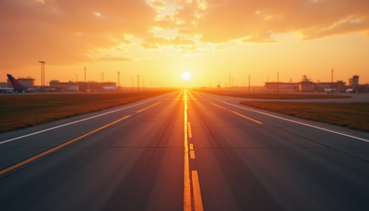 High angle view of a peaceful airport runway at sunset