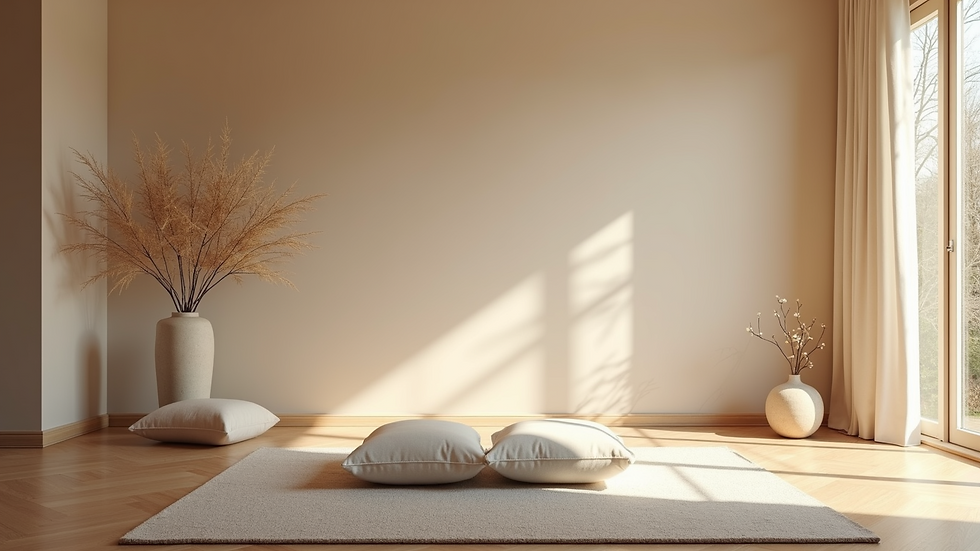 Eye-level view of a serene meditation space with calming elements