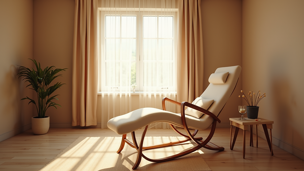 Eye-level view of a cozy therapy room with a reclining chair and soft lighting