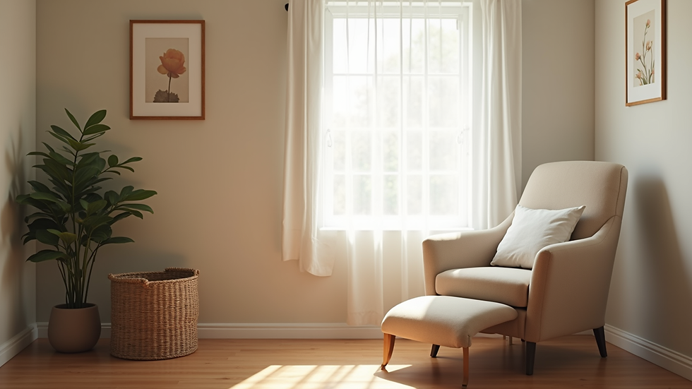 Eye-level view of a calm therapy room with a comfortable chair and soft lighting