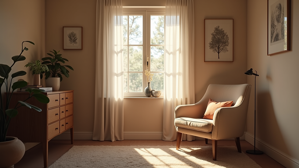 Eye-level view of a cozy hypnotherapy office with a comfortable chair and soft lighting