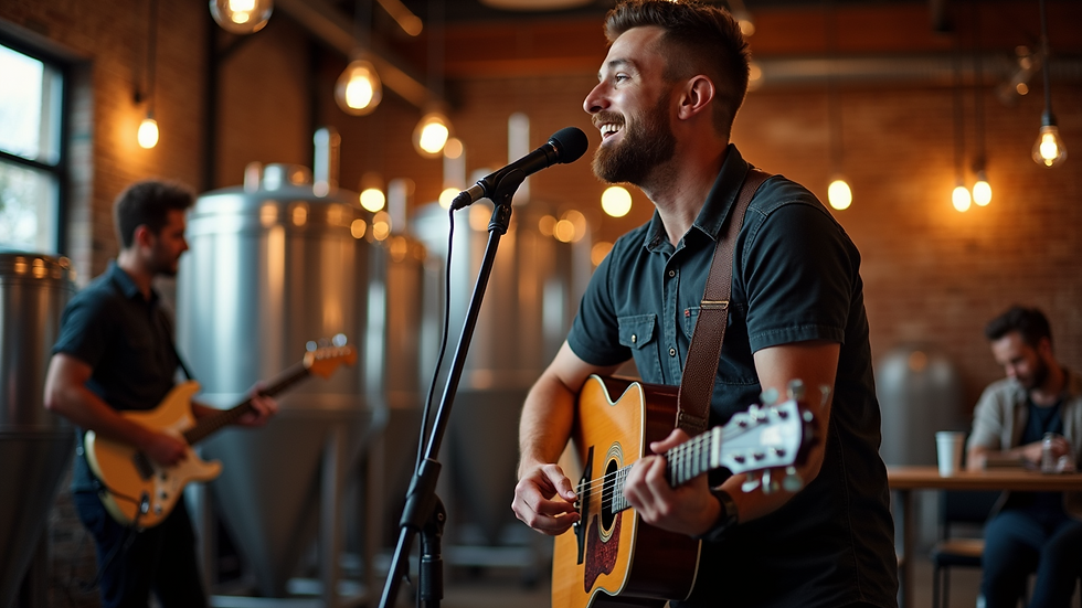 Eye-level view of a craft brewery with musicians performing