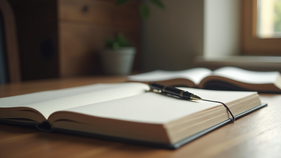 Close-up view of a journal and pen on a wooden table, symbolizing self-reflection