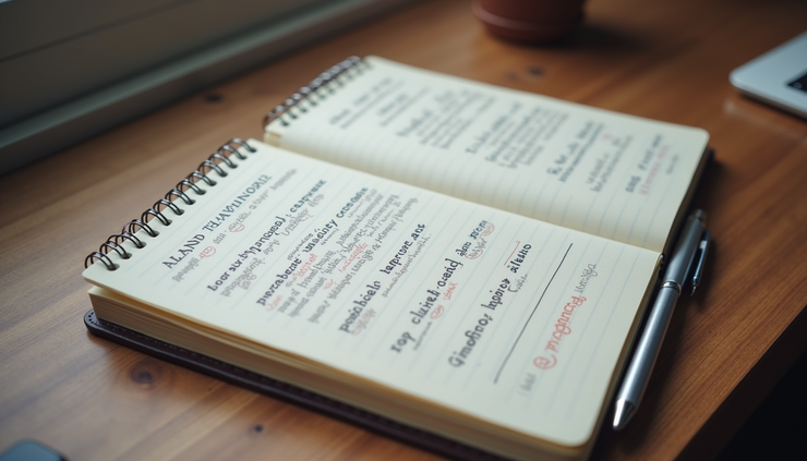 High angle view of a therapist’s notebook with hypnosis session notes