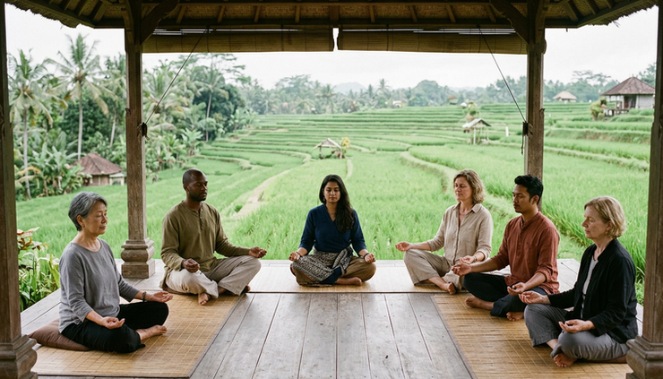 Eye-level view of a small group sitting in silence in an open Balinese pavilion