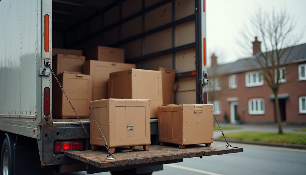 Close-up view of packed moving boxes stacked neatly in a storage unit
