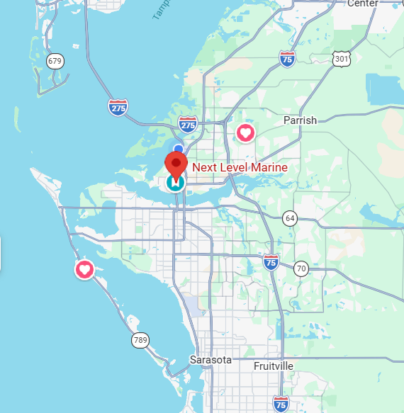 Map of Sarasota, Florida, with a red pin on Next Level Marine near I-275 and I-75, plus nearby labels Parrish and Fruitville.