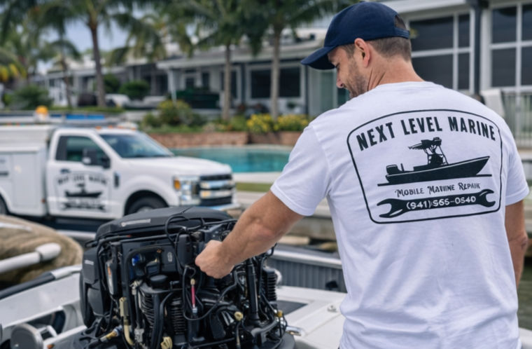 Eye-level view of a marine technician inspecting boat electrical wiring on a dock in Manatee County