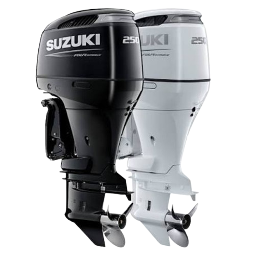 Black and white Suzuki DF250AP outboard boat engines.