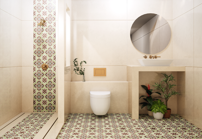 Bright Mediterranean bathroom 3D render with patterned geometric floor tiles, floating stone vanity, circular mirror, and brushed gold shower fixtures.