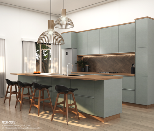 Soft sage green Japandi kitchen with a large oak island, slatted wood pendant lights, chevron wood backsplash, and minimalist modern bar stools in a bright 3D render.