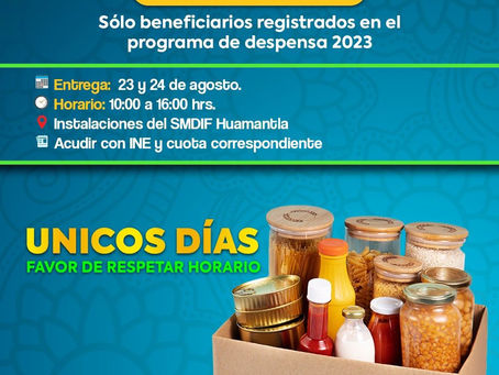 ENTREGARÁ SMDIF HUAMANTLA DESPENSAS A BENEFICIARIOS INSCRITOS EN EL PROGRAMA DE ASISTENCIA SOCIAL