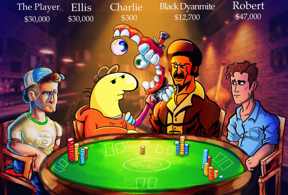 Ellis, Charlie, Caine, black dynamite and Robert (left 4 dead 2, smiling friends the amazing Digital circus, black dynamite and dispatch)