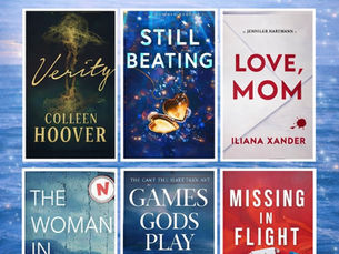 Collage of books read during travel including Verity, Still Beating, Love Mom, Missing in Flight, The Woman in Cabin 10, and Games Gods Play over an ocean background representing a travel reading series.