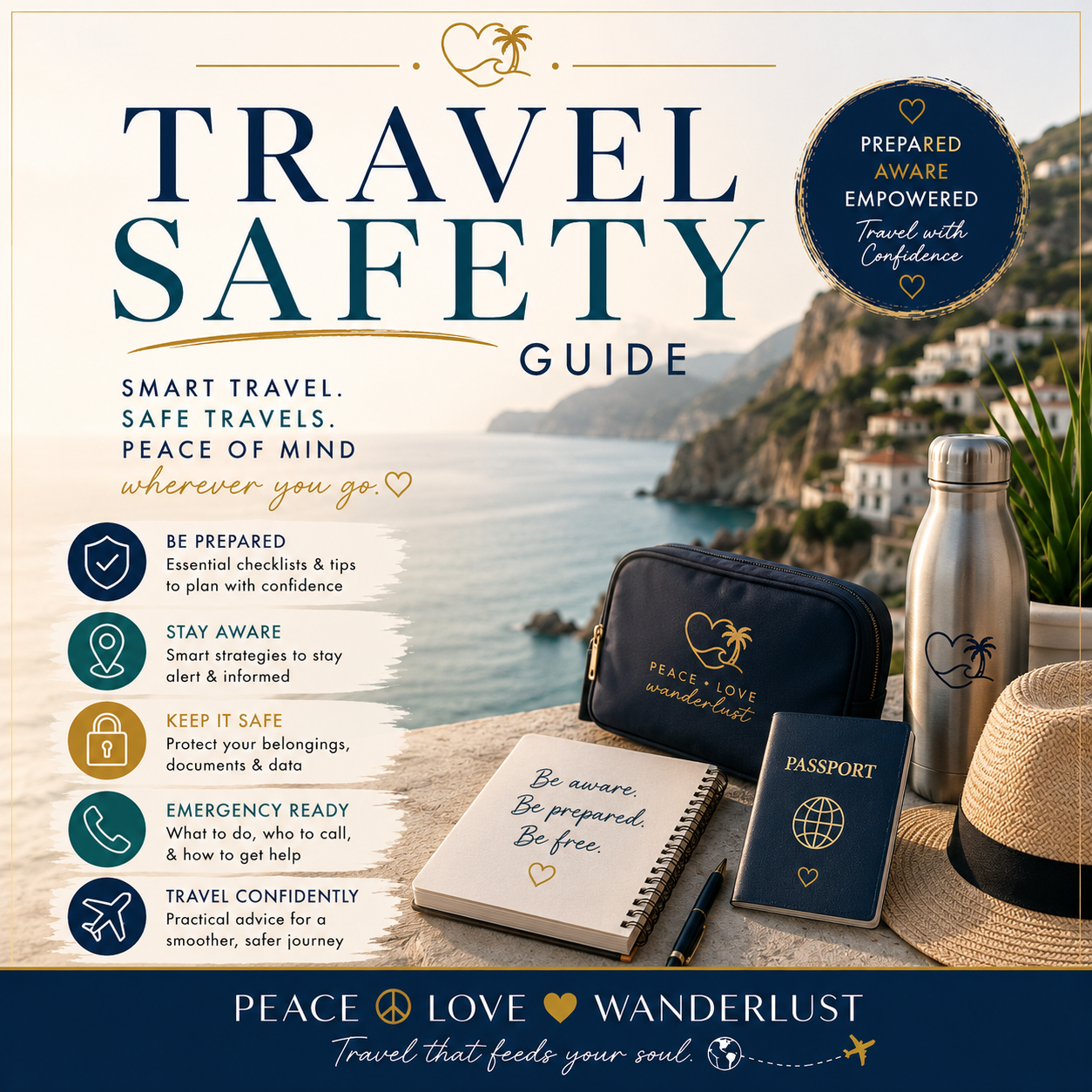 Travel Safety Guide digital product cover by Peace Love Wanderlust