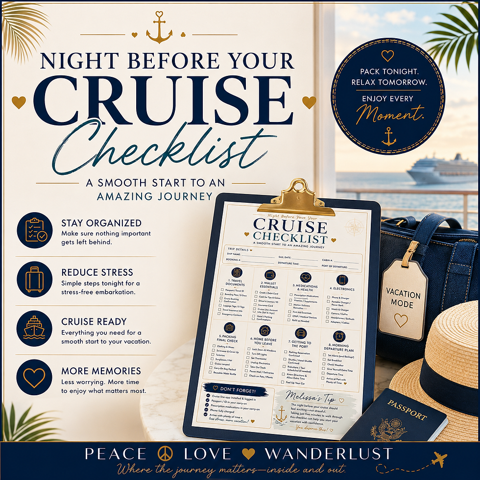 Night Before Your Cruise Checklist printable PDF cover by Peace Love Wanderlust