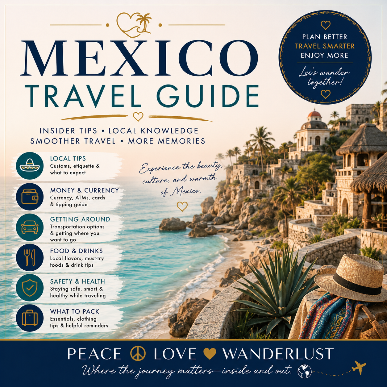 Mexico Travel Guide digital product cover by Peace Love Wanderlust