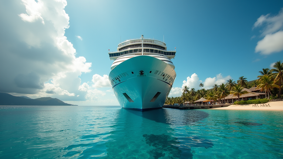 Eye-level view of a luxury cruise ship docked at a tropical port