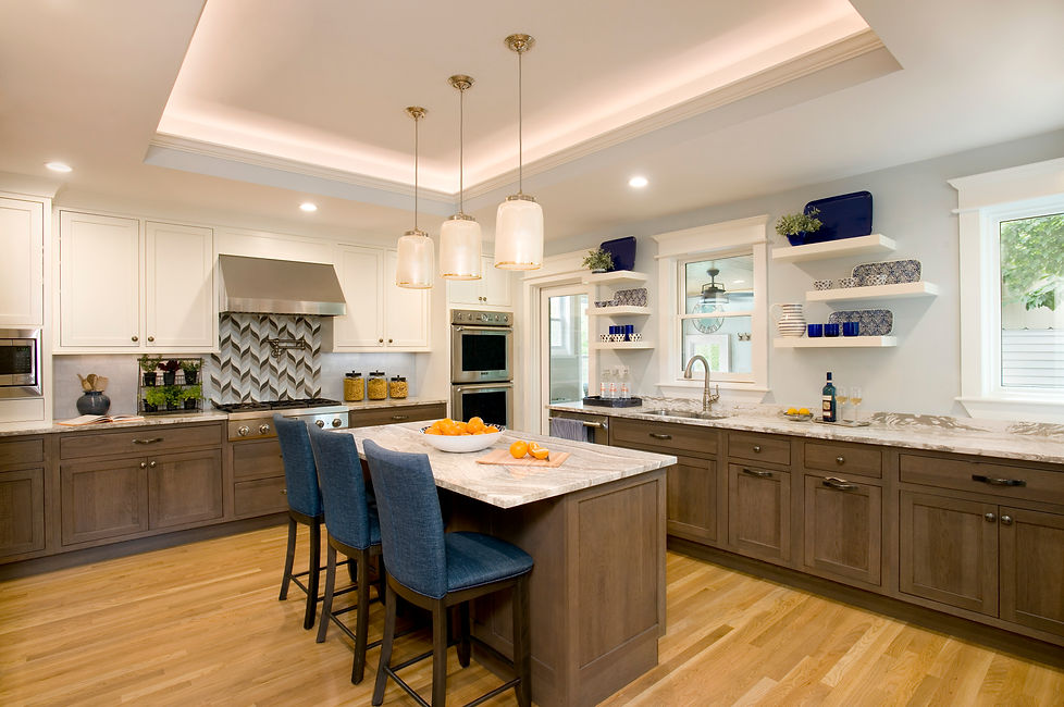 Kitchen, Barstools, Island, Range hood, Blue accent kitchen, pendants