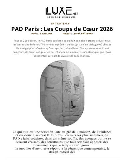 Galerie JAG booth PAD Paris 2026 featuring Katrien Van Der Schueren sculptural mural installation with textured surfaces and hidden compartments