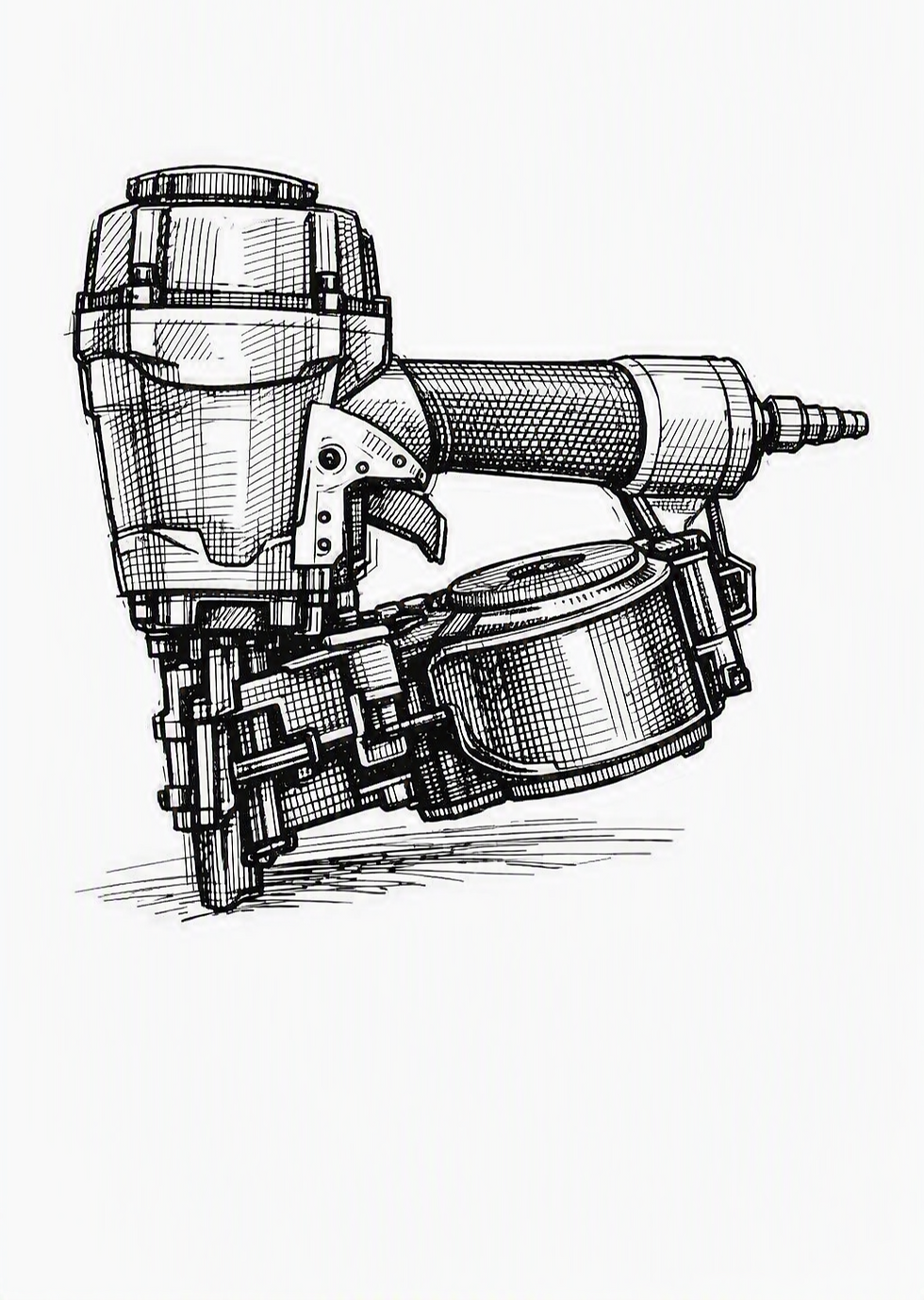 Black-and-white sketch of a coil-style pneumatic nail gun