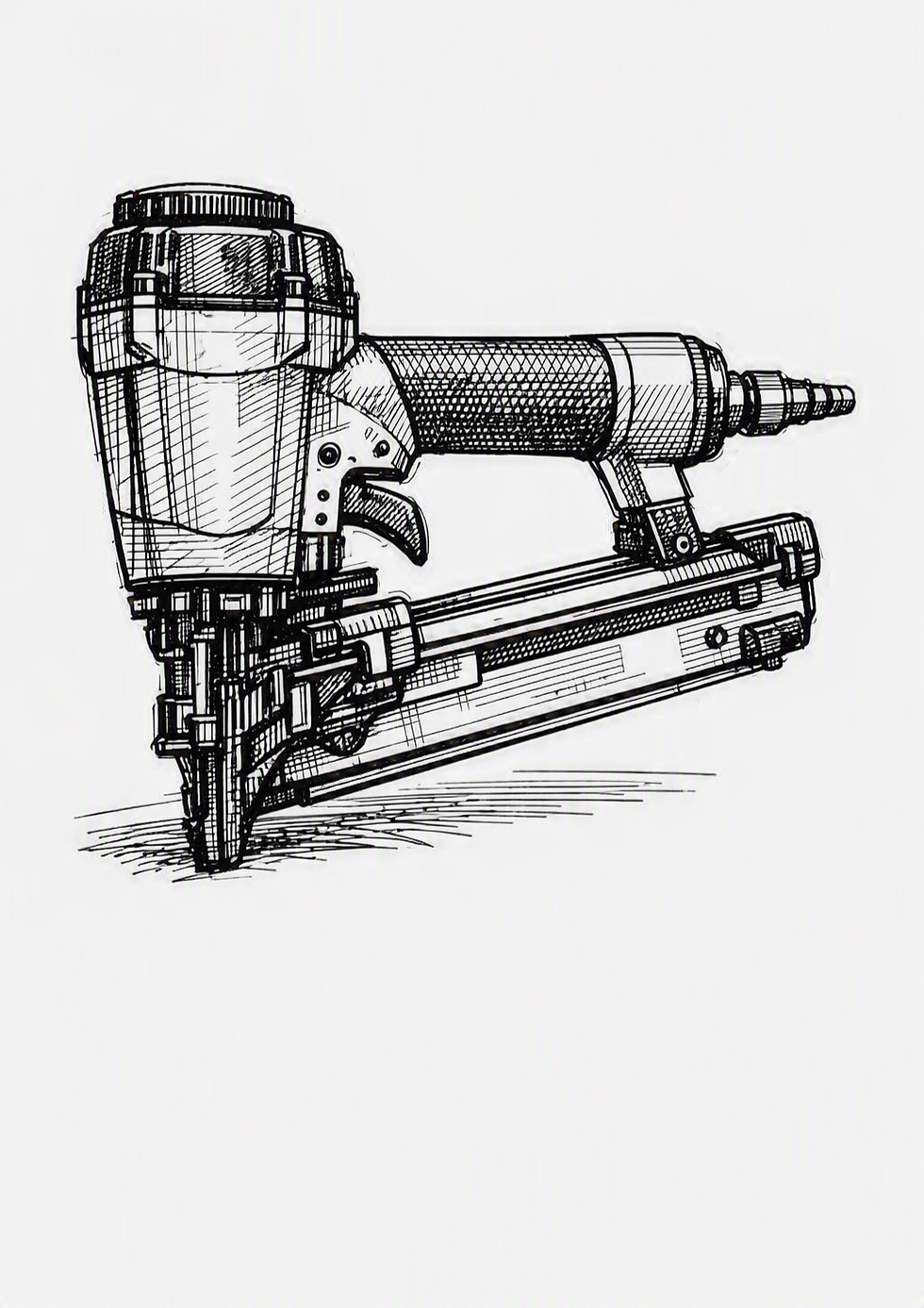 Black-and-white sketch of a stick-style pneumatic nail gun