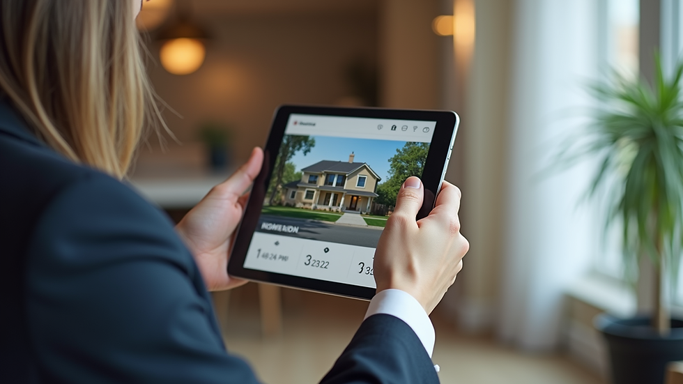 Close-up view of a real estate agent showing a home listing on a tablet