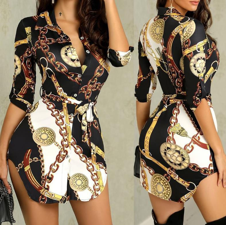 Women's Summer Long Blouse Fashion Chain Print Stand Collar Shirt