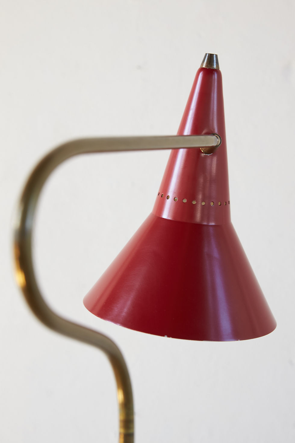 Thumbnail: An Italian floor lamp from Stilnovo Milano, C1950.  Combining brass with red enamelled spun aluminium,