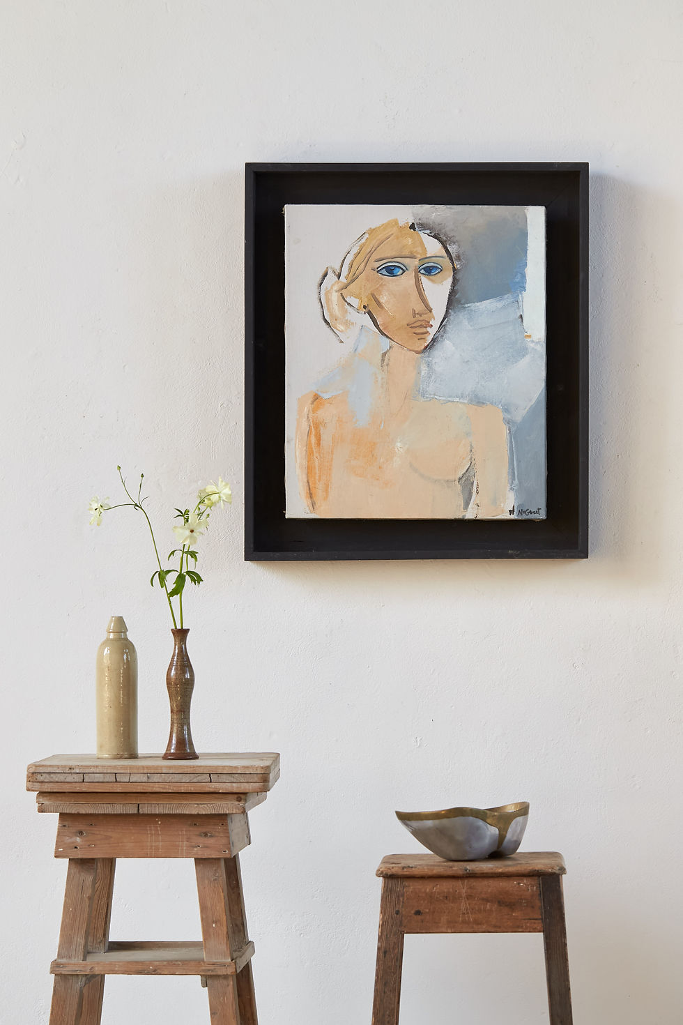 A portrait of a young woman on canvas by French artist André Nogaret, C1980