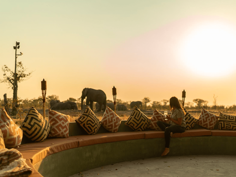 Lady drinking in a boma at Camp Kazuma looking at a herd of elephants in Chobe